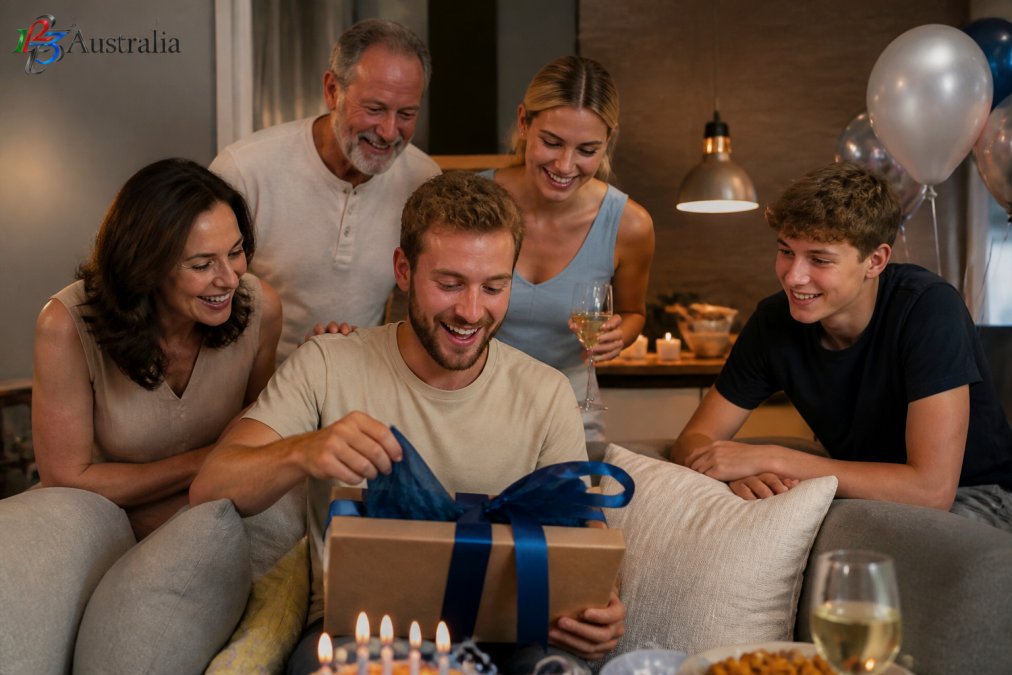 A person opening a thoughtfully wrapped personalised gift with a genuine smile, surrounded by family members watching in the background during a celebration with warm indoor lighting