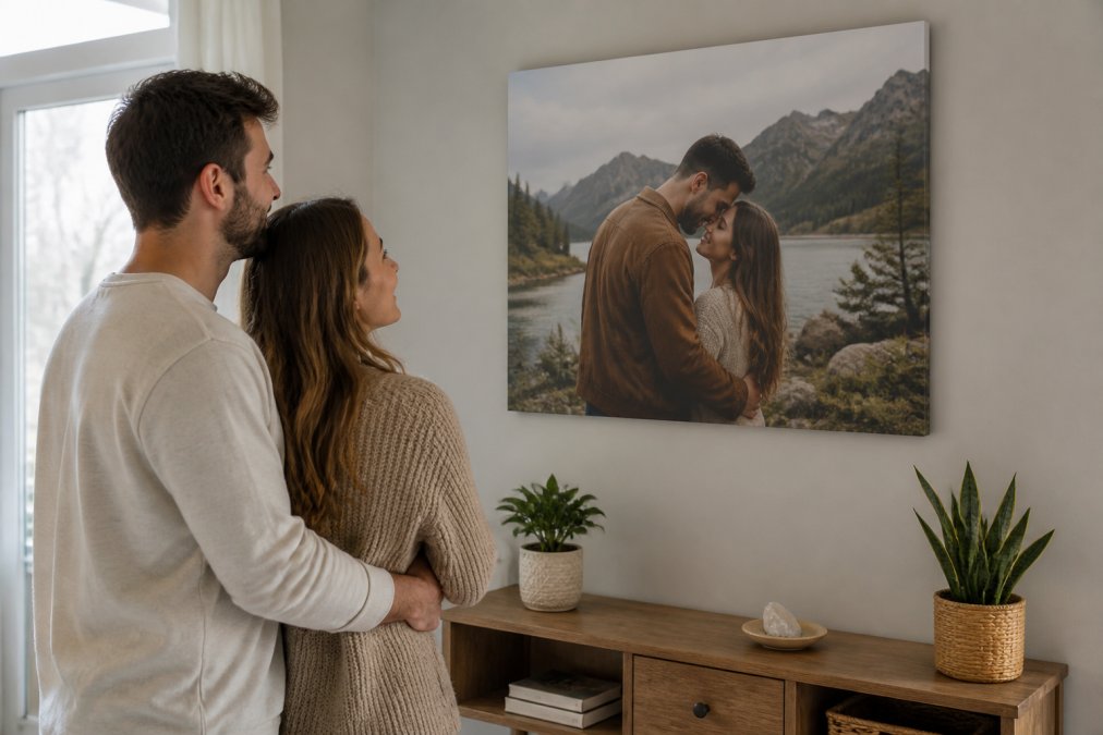 A couple standing together in front of a framed custom canvas portrait in their living room, both smiling as they admire the artwork together in warm natural light
