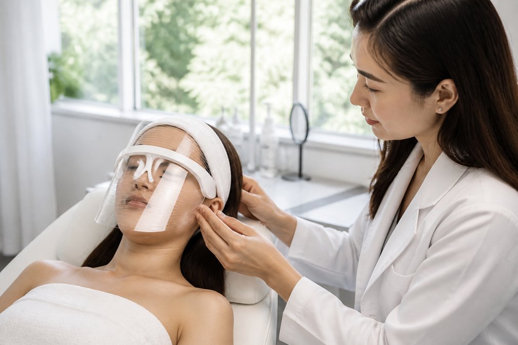 Professional beauty specialist conducting detailed skin analysis using advanced diagnostic device on client's face in well-lit consultation room with natural window lighting