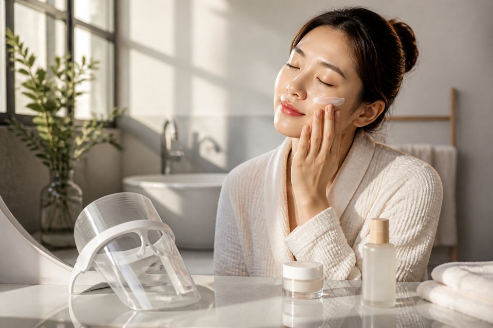 Woman applying personalized skincare product to her face in peaceful morning light bathroom with soft natural window lighting and minimalist decor