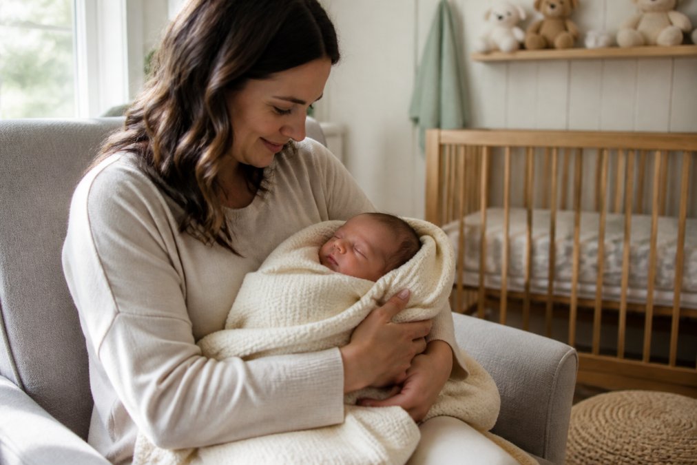 A mother gently wrapping her newborn in a soft, woven blanket with an embroidered name in a bright, cozy nursery with natural window light