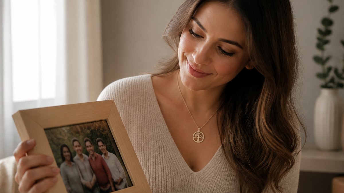 Woman wearing a delicate personalized family tree necklace close to her heart, smiling warmly while holding a framed family photo in soft natural light
