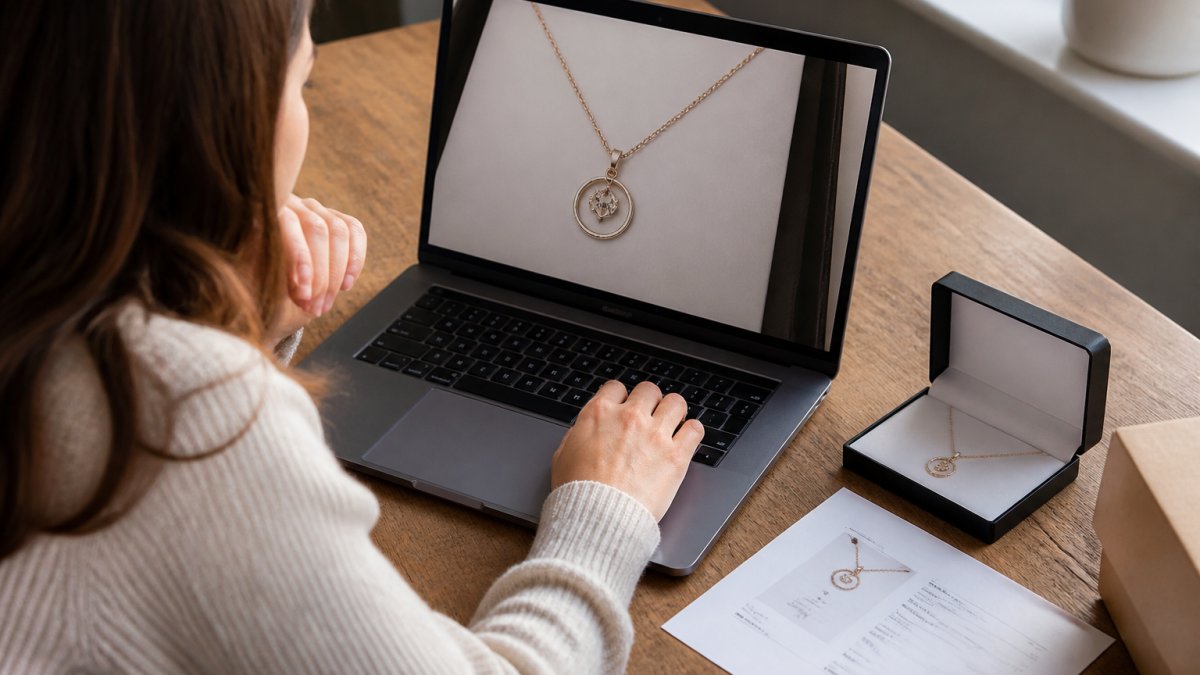 Customer reviewing personalized necklace details on a laptop screen, comparing the design to a printed order confirmation and gift box on a wooden desk with natural daylight