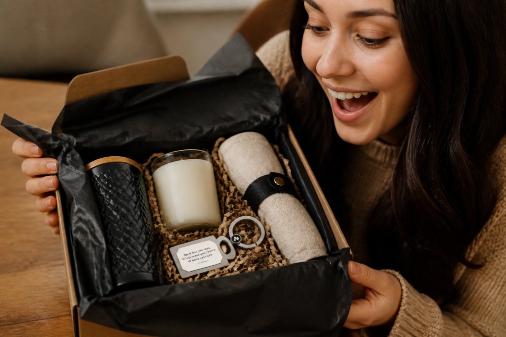 Close-up of hands opening a curated gift box with thoughtfully arranged items including candles, accessories, and a book, showing genuine joy and surprise on the recipient's face