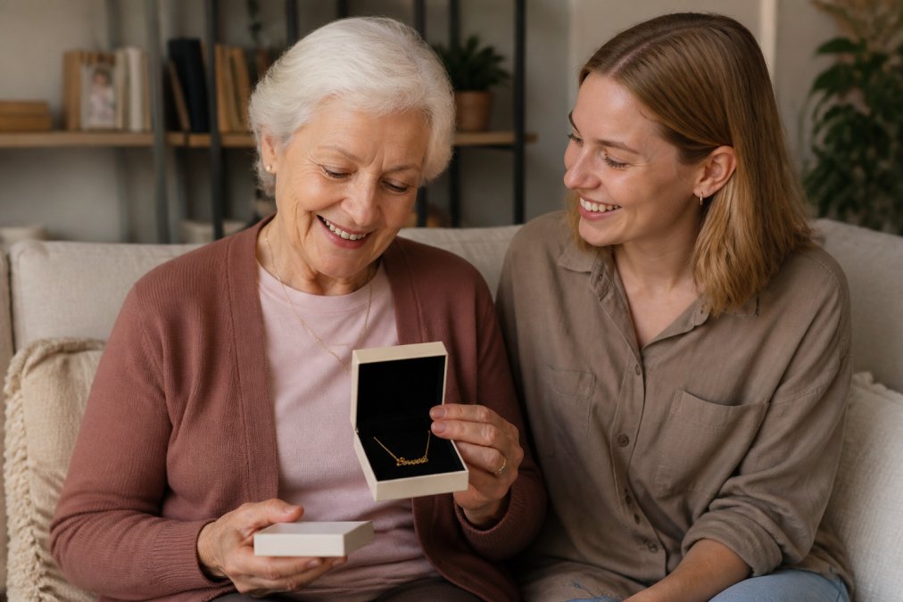 Smiling grandmother opening a gift box containing a delicate gold name necklace in a cozy living room