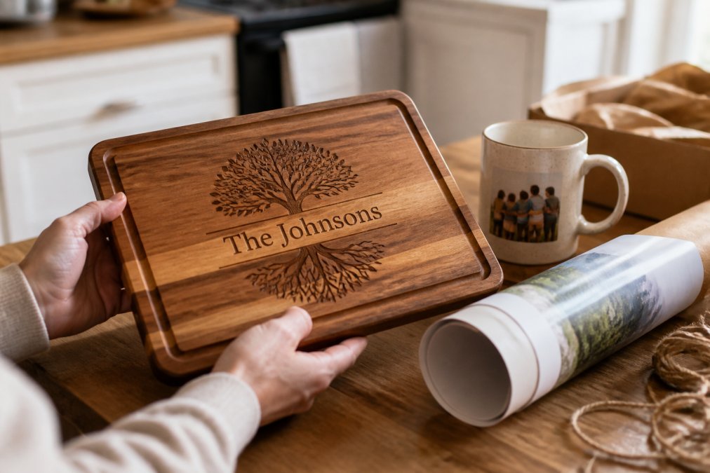 Infographic showing how to manage personalized gifts cost with custom items like engraved boards and mugs.