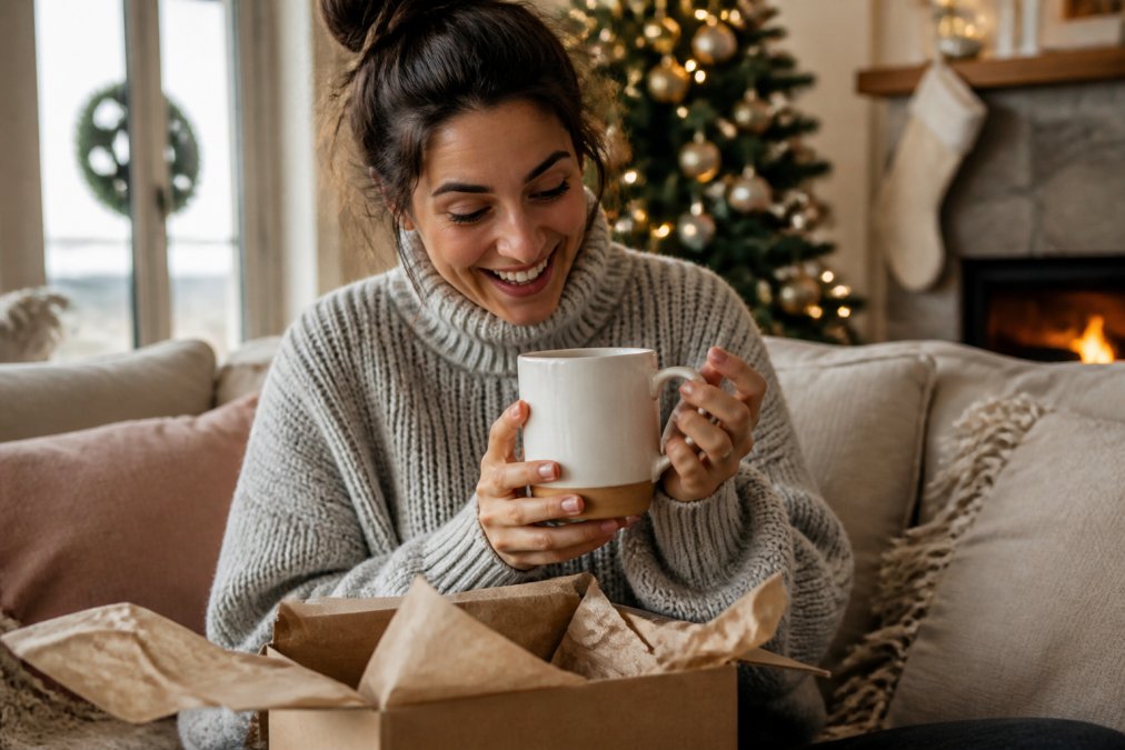 A person smiling warmly while unwrapping a gift, with a personalized mug or custom item visible in the foreground, in a cozy living room setting