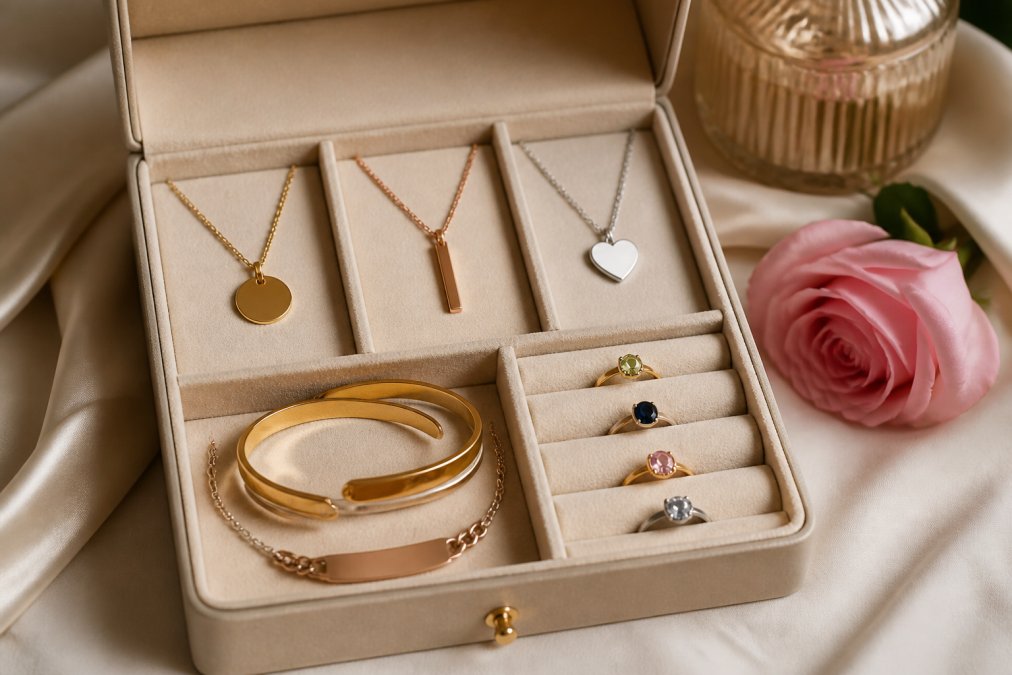 Close-up of an open jewelry box displaying various personalized pieces, engraved bracelets, name necklaces, and birthstone rings, arranged beautifully with soft lighting