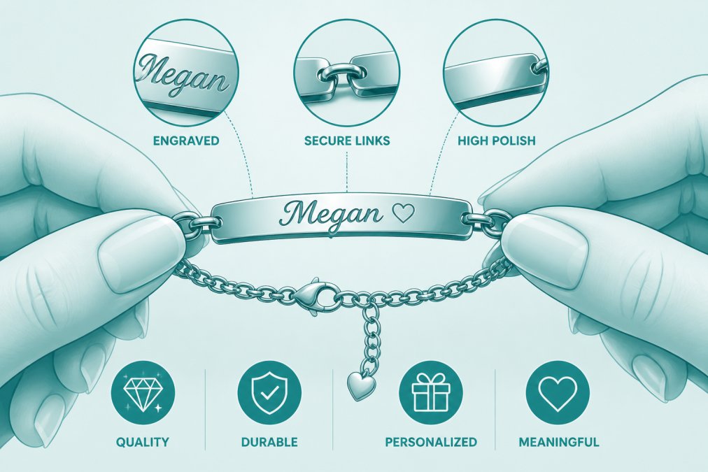 Close-up of hands holding an engraved personalized bracelet, showing fine detail work and craftsmanship of the custom piece