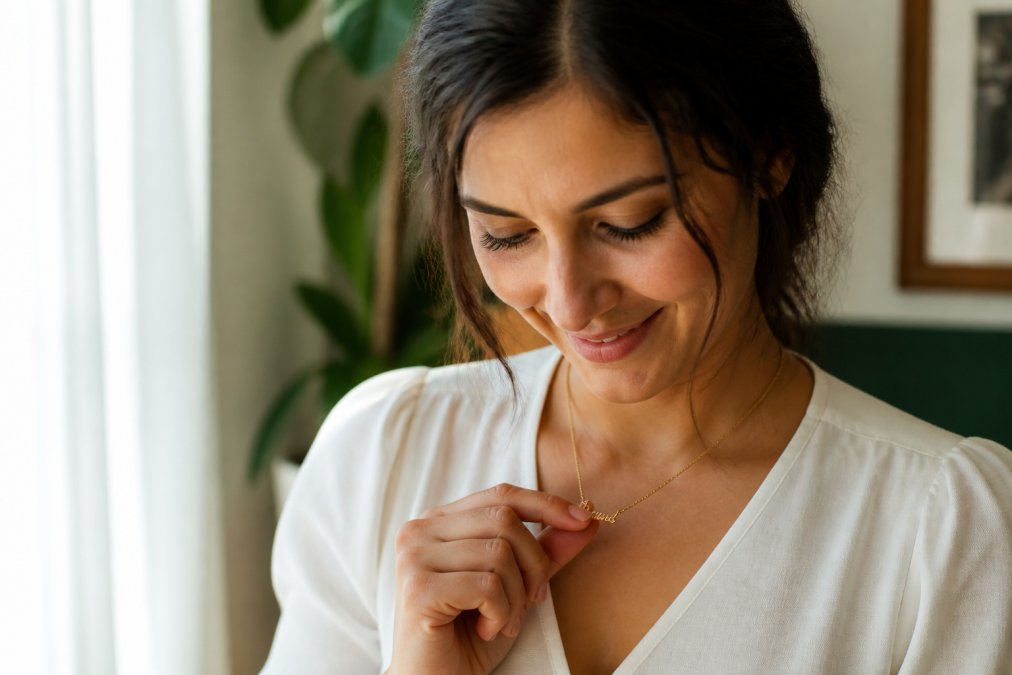 A woman wearing a delicate personalized name necklace, smiling softly while looking down at the pendant resting close to her heart, natural window light illuminating the polished metal and her face