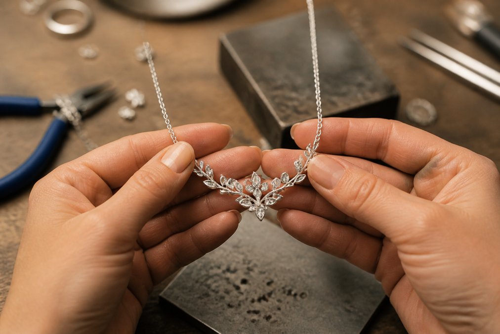 Close-up of hands carefully holding and examining a handcrafted necklace with intricate details, showing quality metalwork and precision in the design, warm studio lighting highlighting the metal's polish