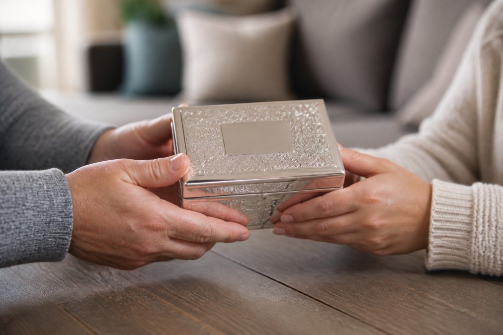 A close-up of a couple's hands holding an engraved silver keepsake box on a wooden table, with soft natural light and a blurred background of a cozy living room
