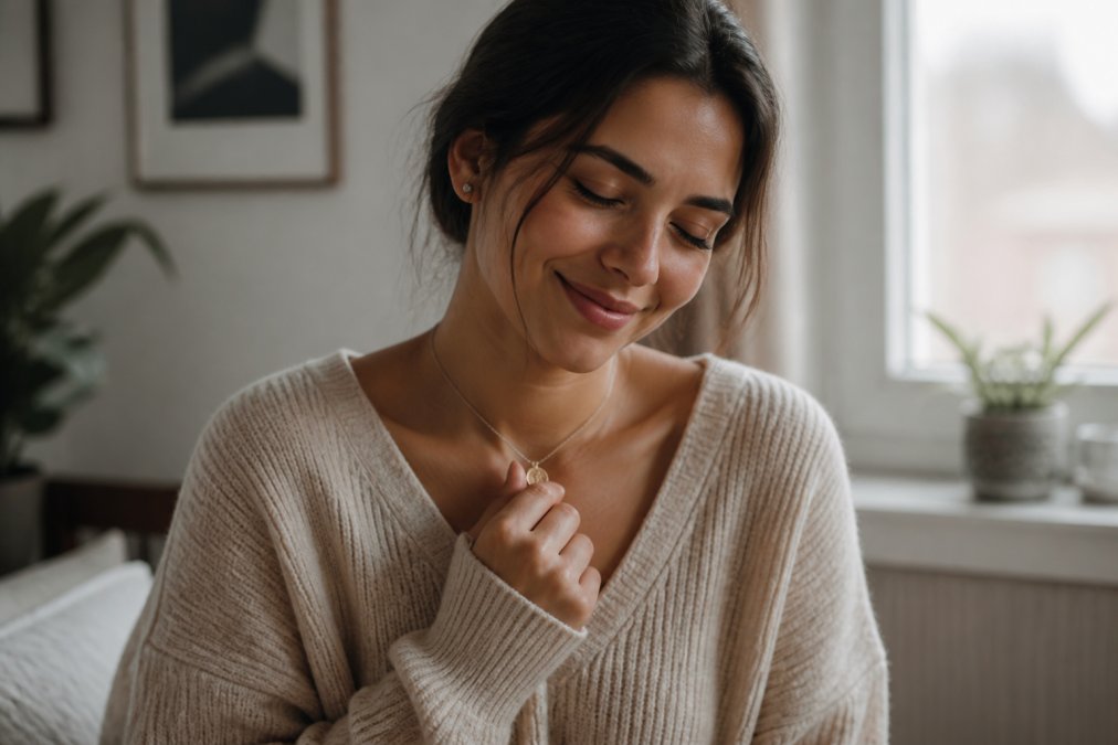 Woman holding an engraved necklace close to her heart with eyes closed and genuine smile, soft natural lighting in an intimate moment of appreciation