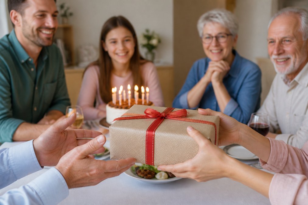 Hands exchanging a wrapped personalized gift at a birthday celebration with family members smiling in background around a table