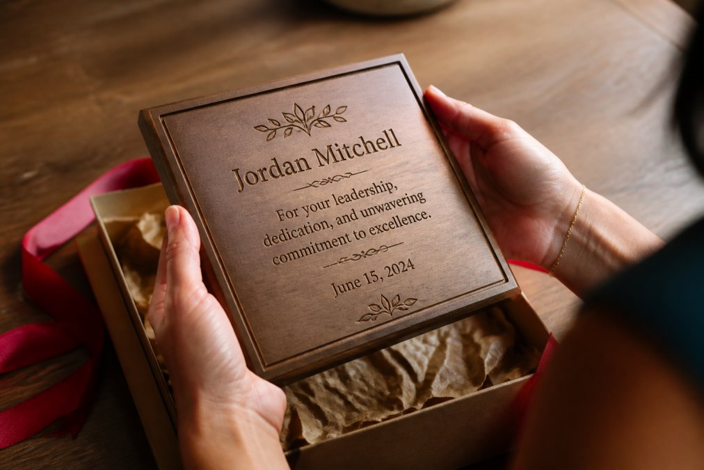 Close-up of hands holding an engraved wooden plaque with a name and date visible in fine detail, warm lighting highlighting the precision of the engraving