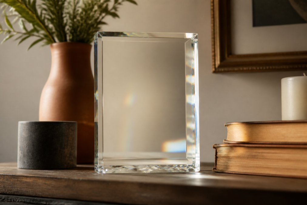 A personalized crystal plaque displayed on a home shelf with soft ambient lighting, showing how it catches light and commands attention in the space