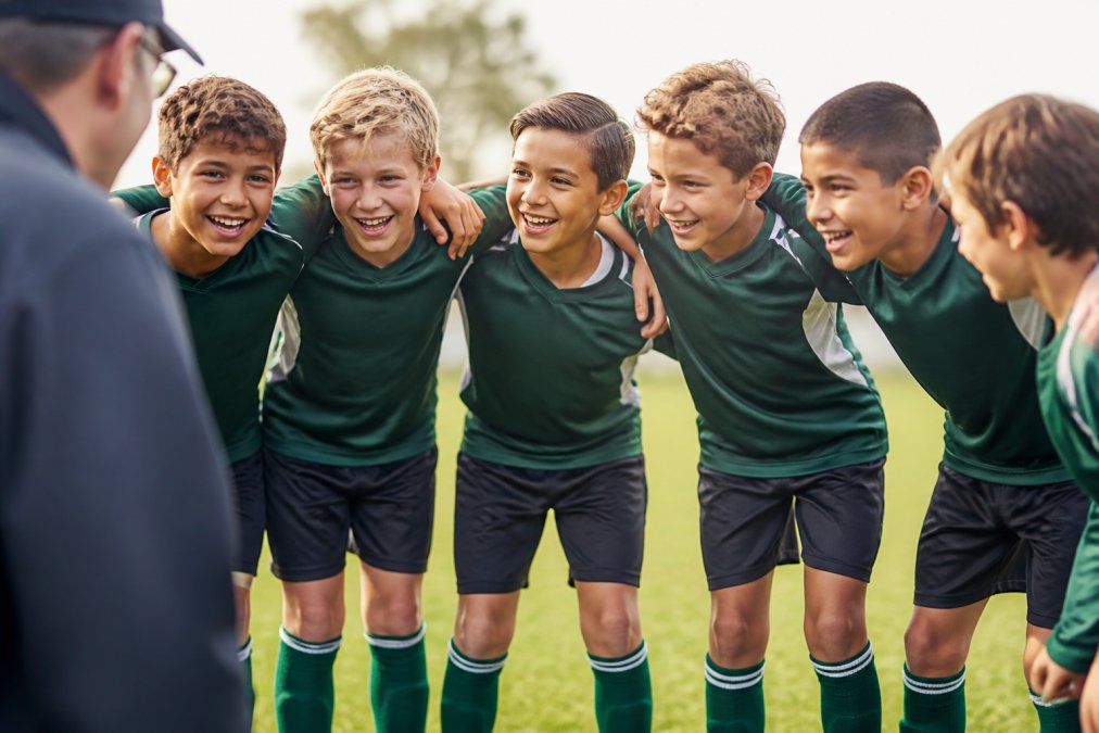 A youth sports team wearing matching custom personalized jerseys and hoodies standing together on the field with arms around each other, smiling and showing team spirit