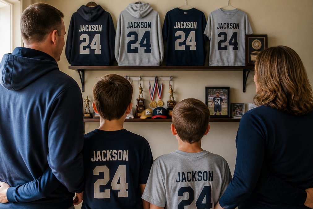A family displaying personalized sports apparel items including custom hoodies and t-shirts with player names and numbers arranged on a shelf or wall as keepsakes