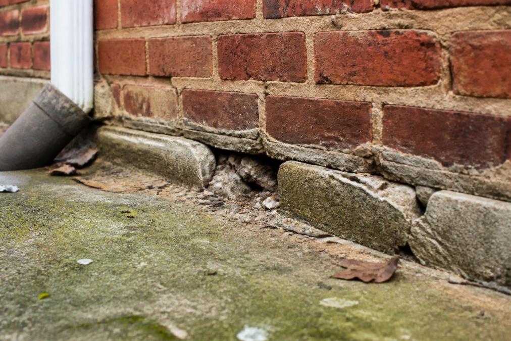 Close-up of deteriorated foundation mortar with visible gaps and cracks along the base of an older brick home exterior, showing where pests can enter