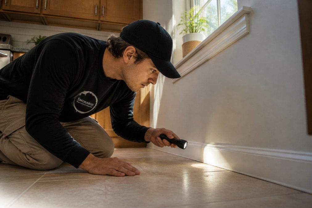 A homeowner kneeling on a kitchen floor with a flashlight, inspecting a crack where the baseboard meets the wall, warm afternoon light coming through a nearby window
