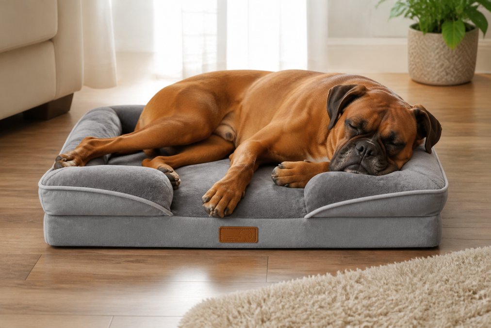 A large dog relaxing deeply on an orthopedic dog bed with visible multi-layer foam support structure, showing proper cushioning and shape retention with natural home lighting