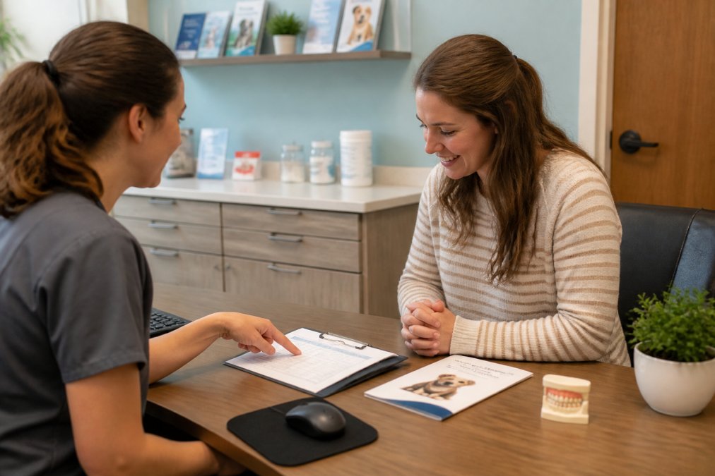 Pet owner and veterinarian discussing dental care options at a consultation desk, with pricing information and treatment plan documents visible between them