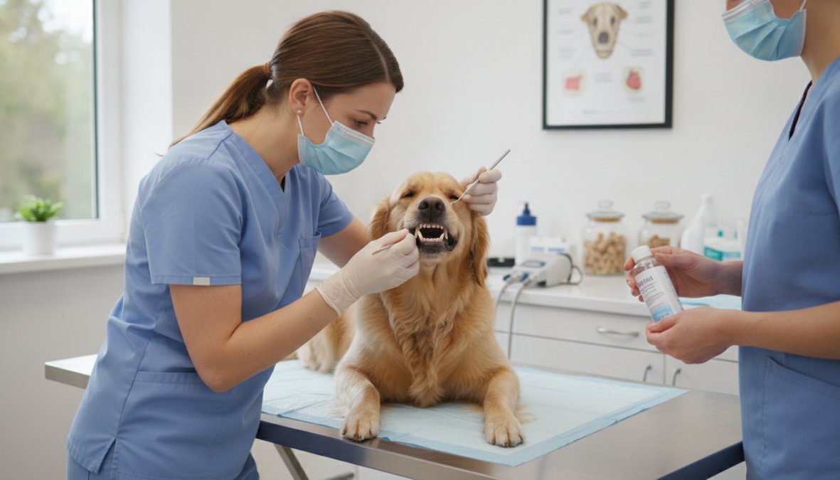 A veterinarian in scrubs gently examining a golden retriever's teeth and gums under bright clinical lighting in a clean, modern veterinary exam room