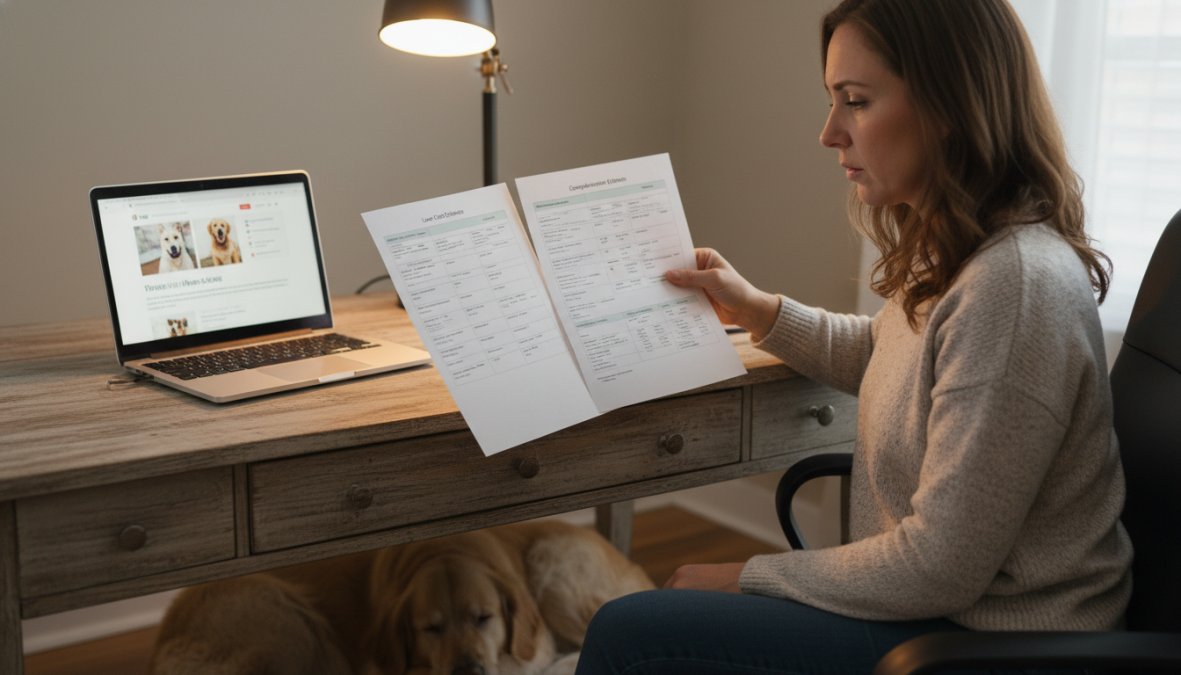 A focused woman in her mid-thirties sitting at a wooden desk, reviewing two printed veterinary estimate documents side by side under warm lamp light, with a golden retriever resting at her feet and a laptop open in the background showing a veterinary clinic website