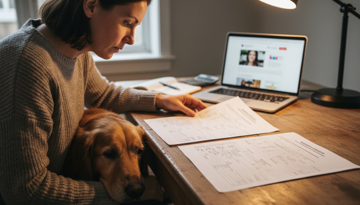 A focused woman in her mid-thirties sitting at a wooden desk, reviewing two printed veterinary estimate documents side by side under warm lamp light, with a golden retriever resting at her feet and a laptop open in the background showing a veterinary clinic website