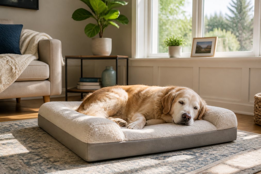 Senior dog resting peacefully on a plush orthopedic bed in a bright, comfortable home setting with natural sunlight streaming through windows