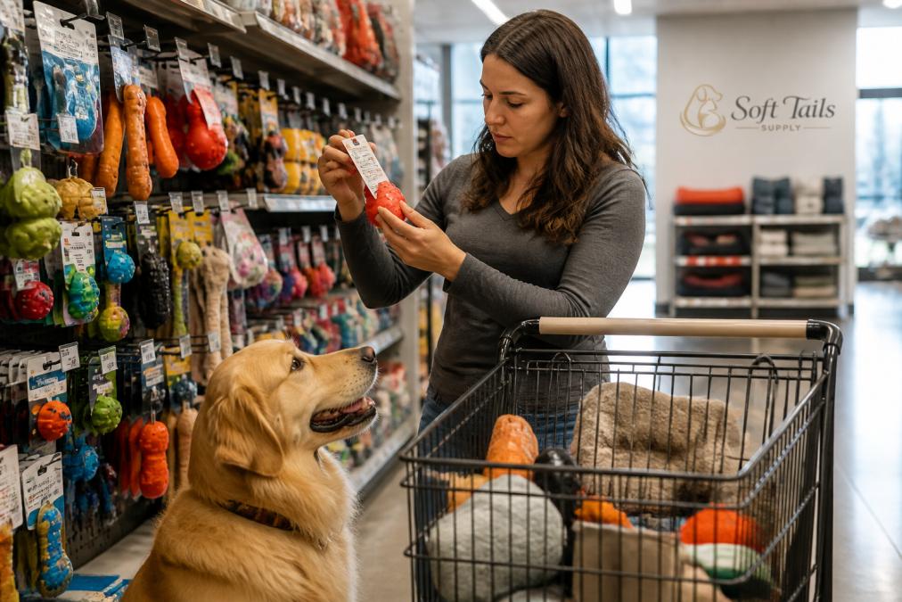A shopper in a pet store aisle holding a dog toy up to the light, reading the label closely, with a golden retriever sitting patiently beside the cart