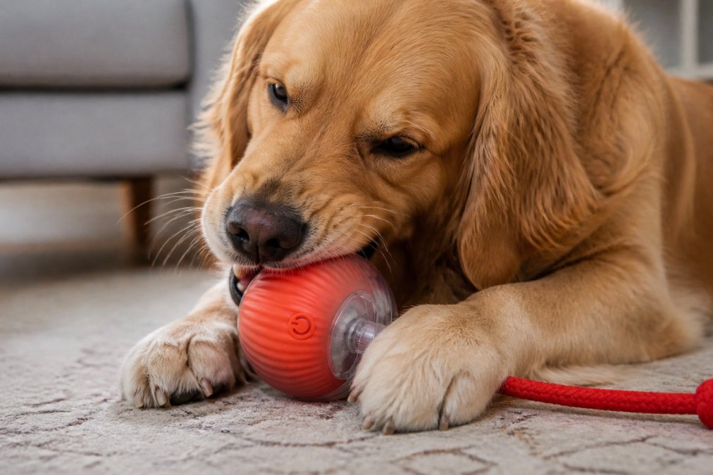 Close-up of a dog with muscular jaw intensely chewing on a thick rubber toy, showing the toy's reinforced construction and the dog's focused, determined expression during aggressive play