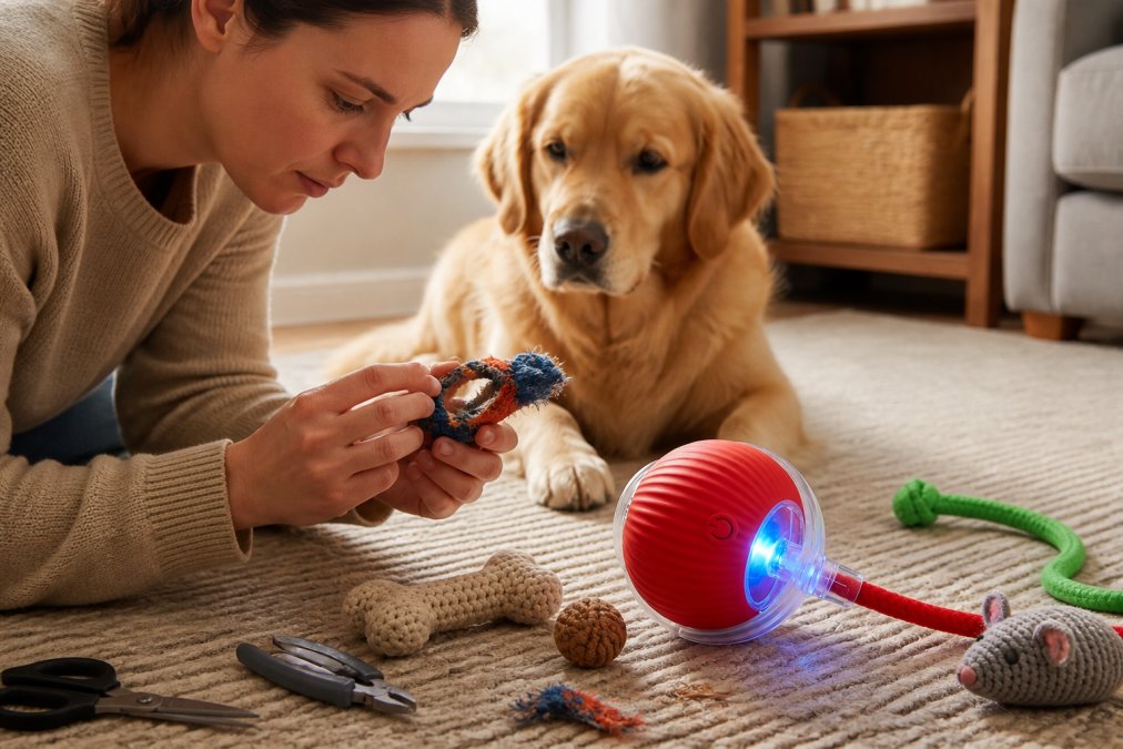 Pet owner carefully examining a worn dog toy up close, checking for fraying edges, loose stitching, and visible damage while a curious dog watches nearby in natural home lighting