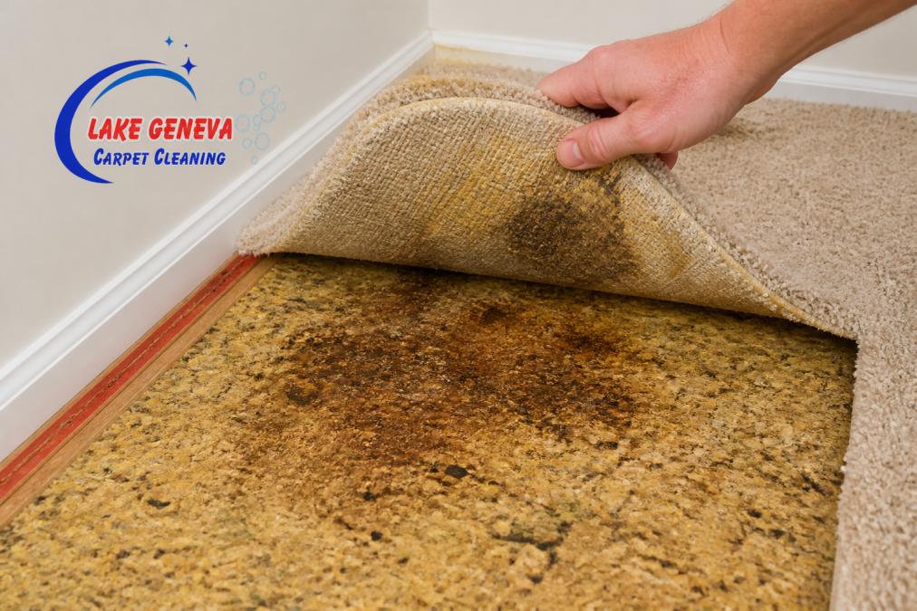 Close-up of carpet corner being lifted to reveal discolored, stained padding underneath with dark yellow and brown stains showing the extent of contamination below the surface