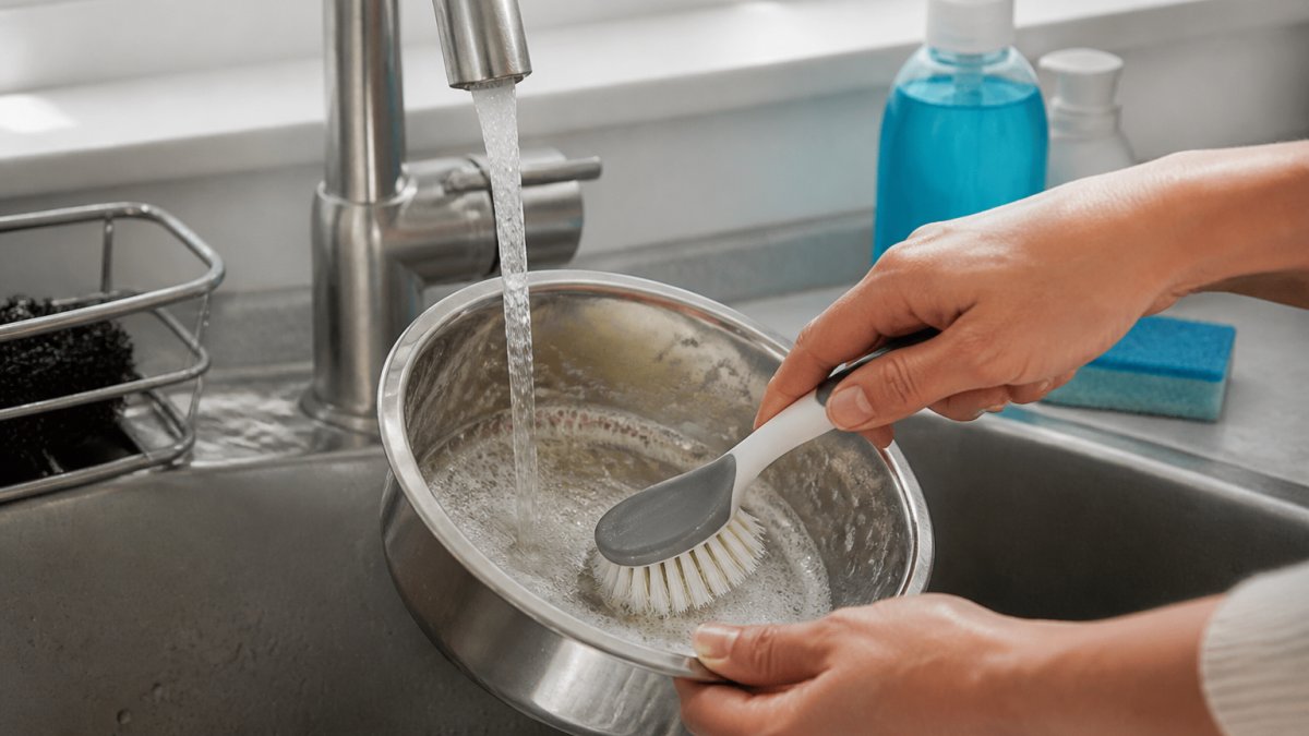 Close-up of hands scrubbing the inside of a stainless steel pet water bowl under running tap water, with soap suds visible and a soft brush being used