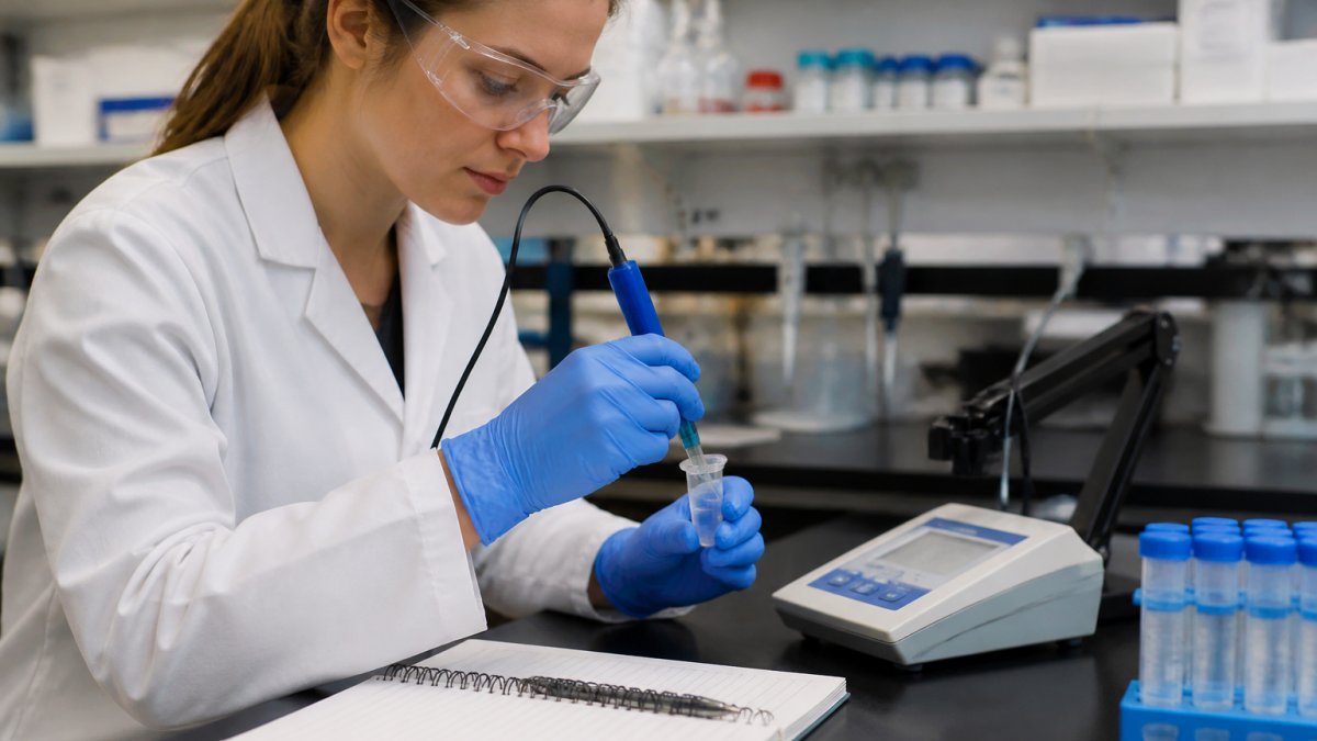 A researcher in a lab coat and safety glasses using a micro pH electrode to measure the pH of a small volume of clear liquid in a microcentrifuge tube, with a pH meter and notebook on the bench