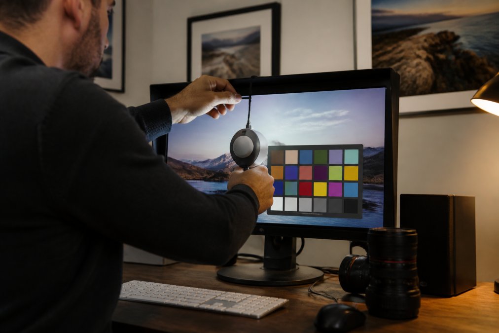 Photographer using a monitor calibration device to ensure color accuracy for high-quality photography prints