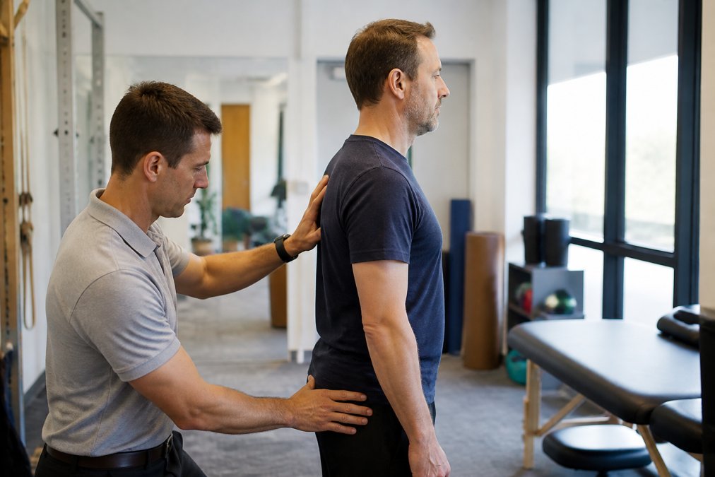 A physical therapist performing a detailed movement assessment on a middle-aged male patient in a bright, modern clinic, observing his posture and spinal alignment with focused attention