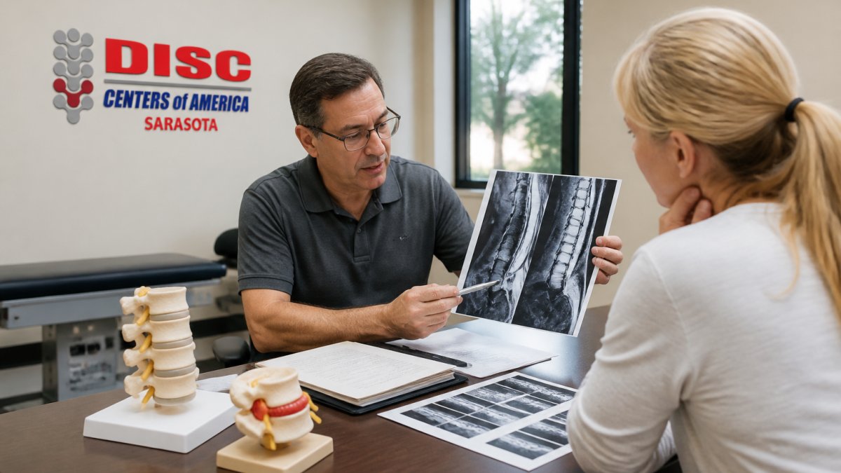 Patient consultation with healthcare provider reviewing spinal imaging and discussing treatment options in clinical setting with medical charts visible