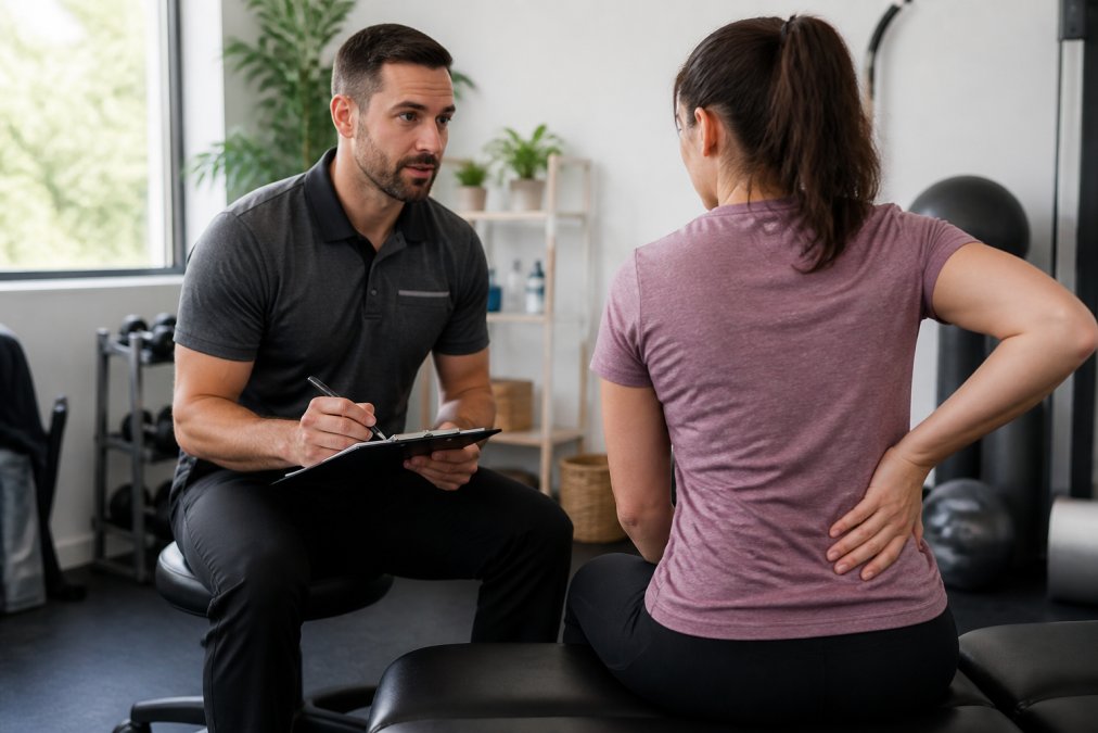 A physical therapist sitting face-to-face with a patient in a bright clinic, actively listening and taking notes on a clipboard, while the patient gestures toward their lower back
