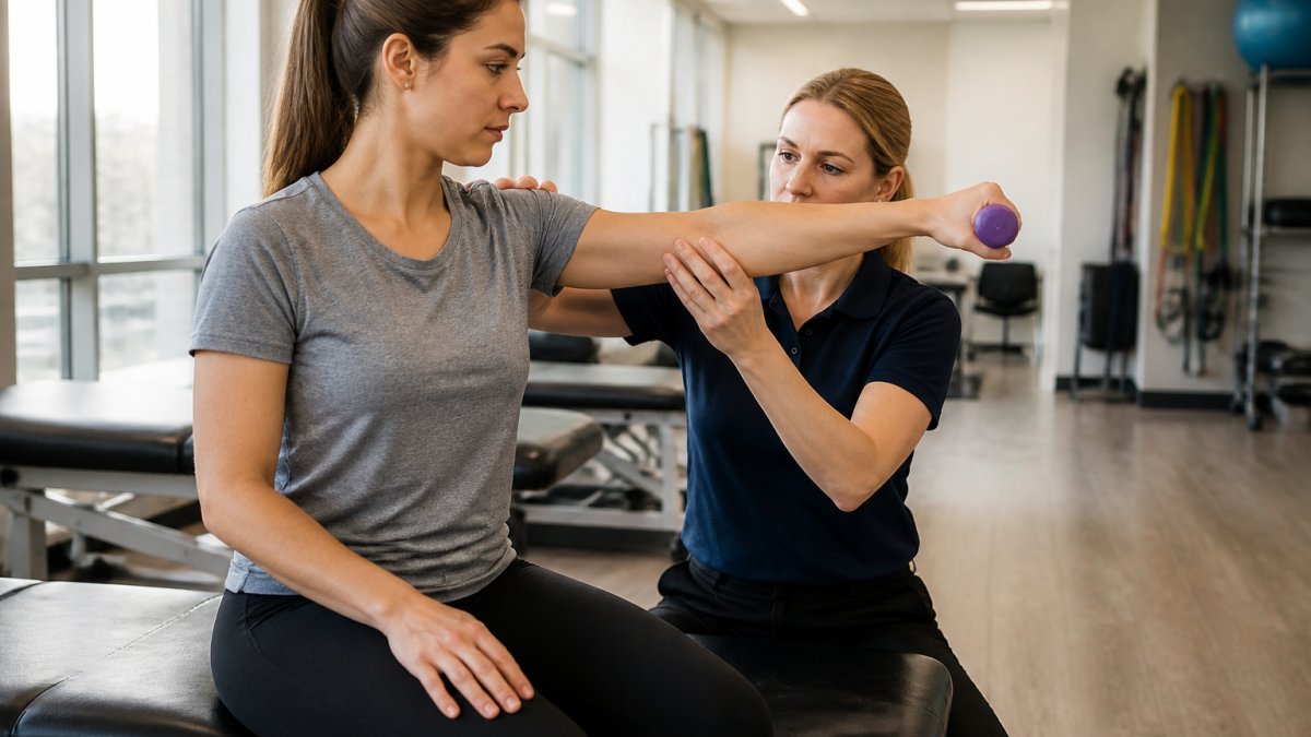 Physical therapist providing hands-on guidance to an engaged patient during a recovery session