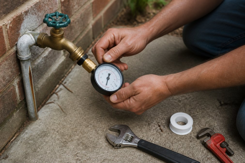 Homeowner using a pressure gauge to diagnose why pipes bang noises occur