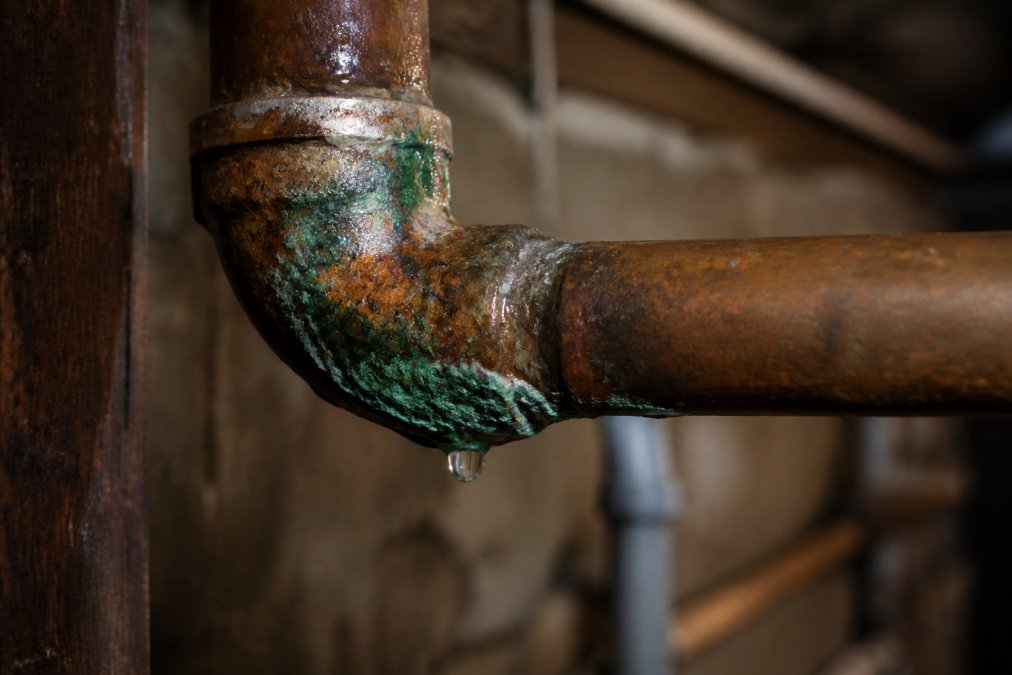 Corroded copper pipe fitting showing green patina buildup and rust stains with water droplet forming at a small leak point, photographed in dim basement lighting