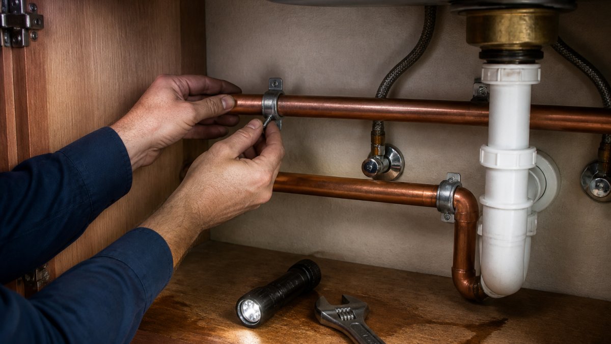 A plumber's hands tightening a metal pipe clip on a copper water pipe under a kitchen sink, with a flashlight and adjustable wrench resting nearby