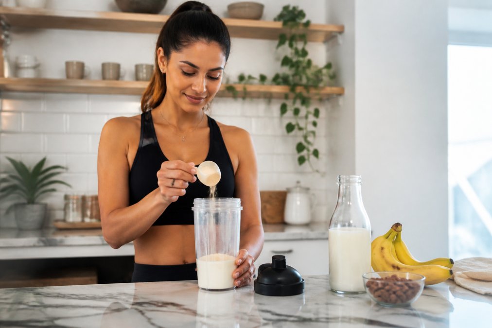 Person adding plant-based protein powder to a blender bottle with bananas and almond milk nearby