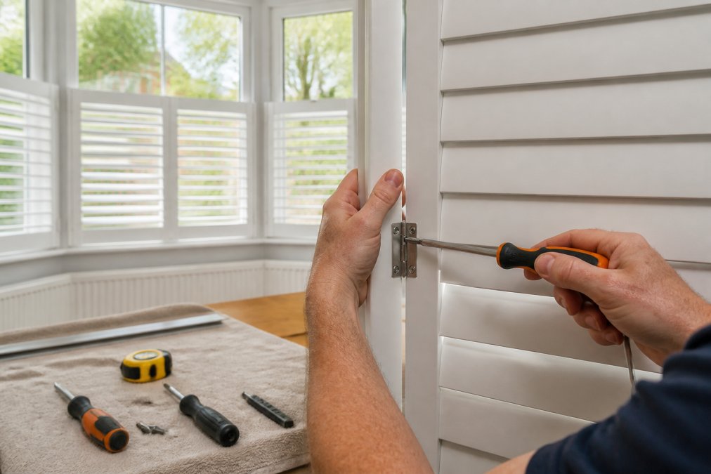Close-up photograph of a person's hands using a screwdriver to adjust the hinge on a white plantation shutter panel, with a period bay window and natural daylight visible in the background