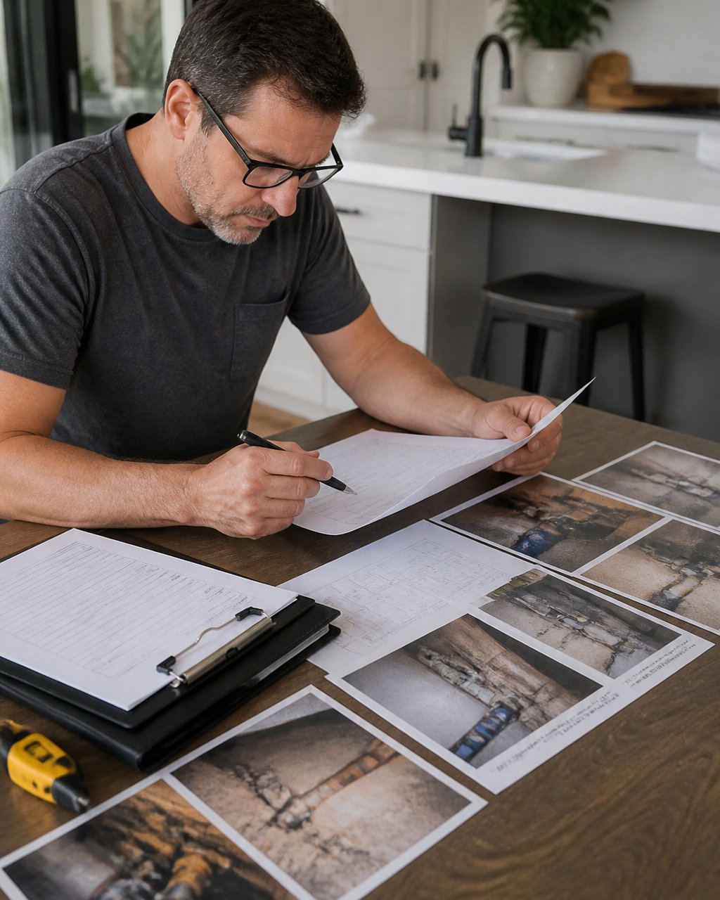 Professional homeowner reviewing detailed plumbing inspection documentation and photos with a comprehensive report spread on a kitchen table with clipboard and measurements