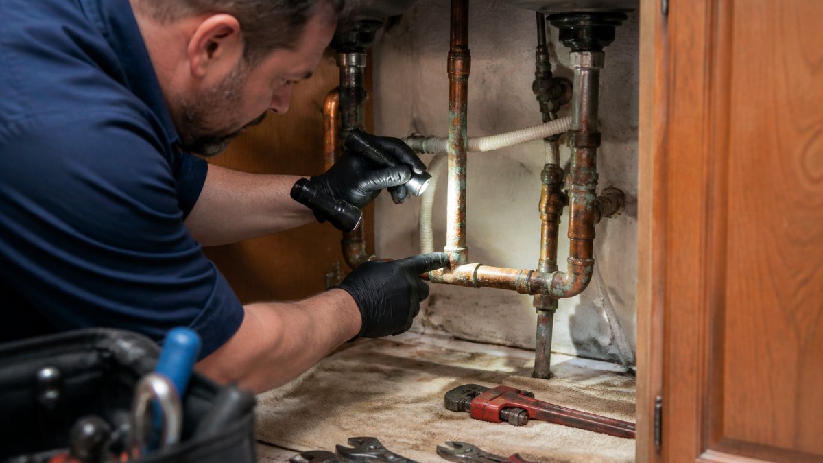 Plumber inspecting corroded copper pipes under a sink where plumbing repairs fail due to heavy rust and water damage.