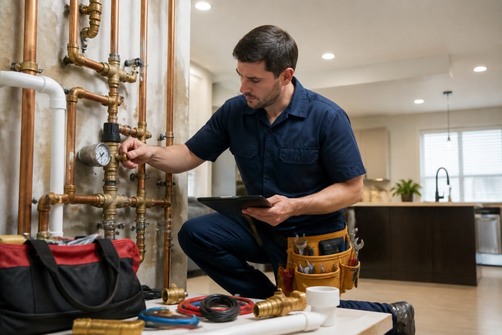 Licensed plumber in uniform with tool belt inspecting residential copper and PVC pipes, checking pressure regulators and taking notes with diagnostic equipment on a workbench in a modern home