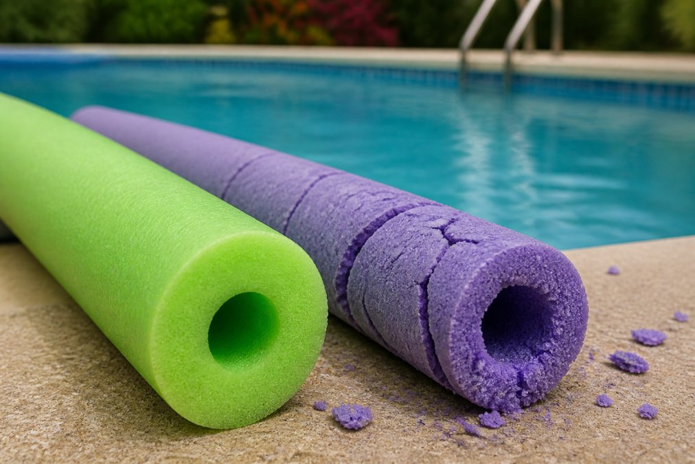 A new pool noodle next to an old one showing how pool noodles break and crumble over time on a deck.